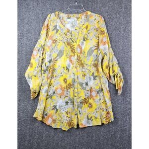 Kim Rogers Curvy Tunic Women 2X Yellow Floral Good Roll Tab Pintuck Blouse
